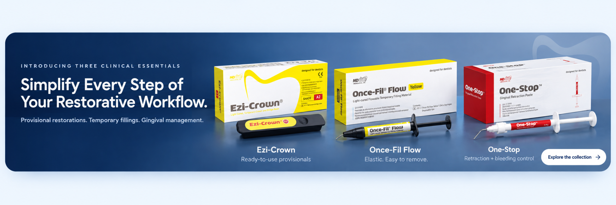 Introducing Ezi-Crown, Once-Fil Flow and One-Stop. Simplify every step of your restorative workflow. Explore the collection.